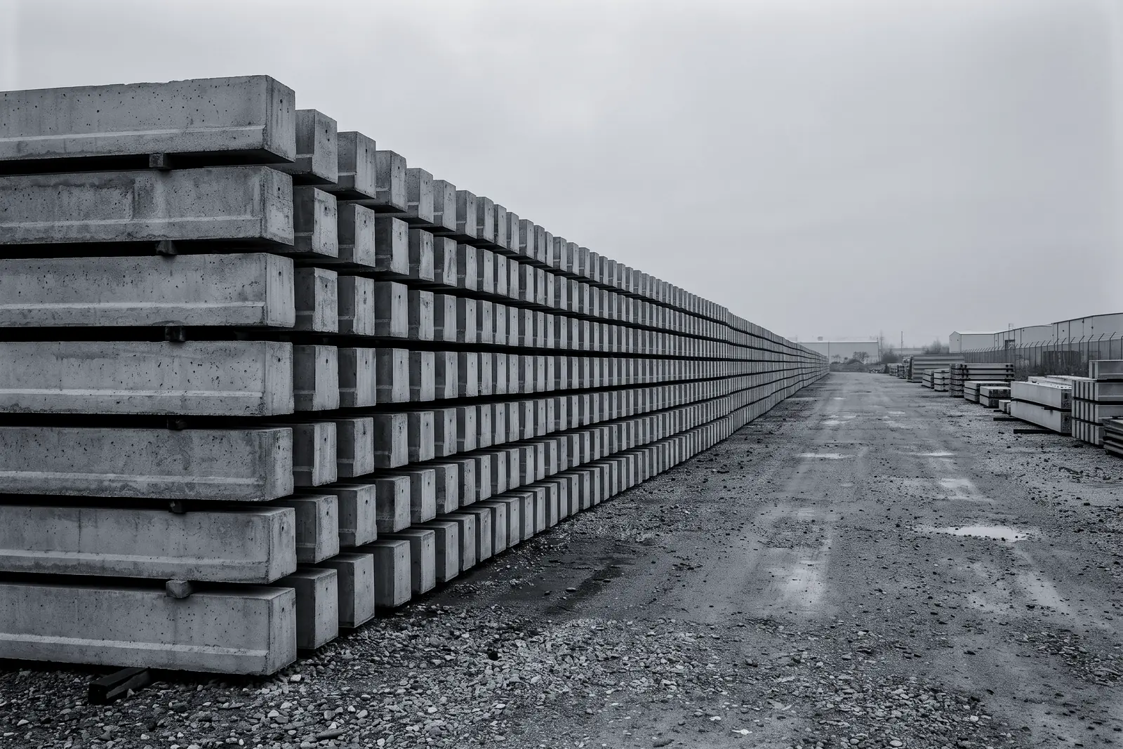 A yard of identical precast concrete beams stacked in a long row that runs to
      the horizon, every end lined up.